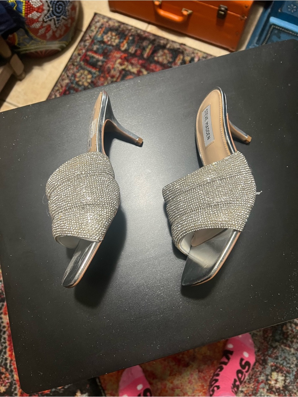 Steve Madden Silver Rhinestone Embellished Slide Mules - Picture 2 of 3